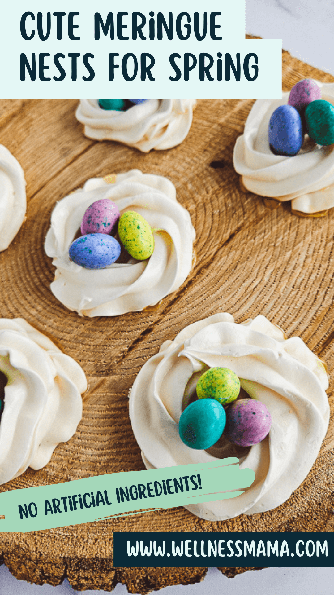 meringue nest with small candies inside the pipped egg whites.