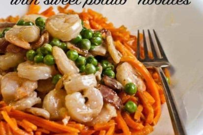 Shrimp carbonara with sweet potato noodles