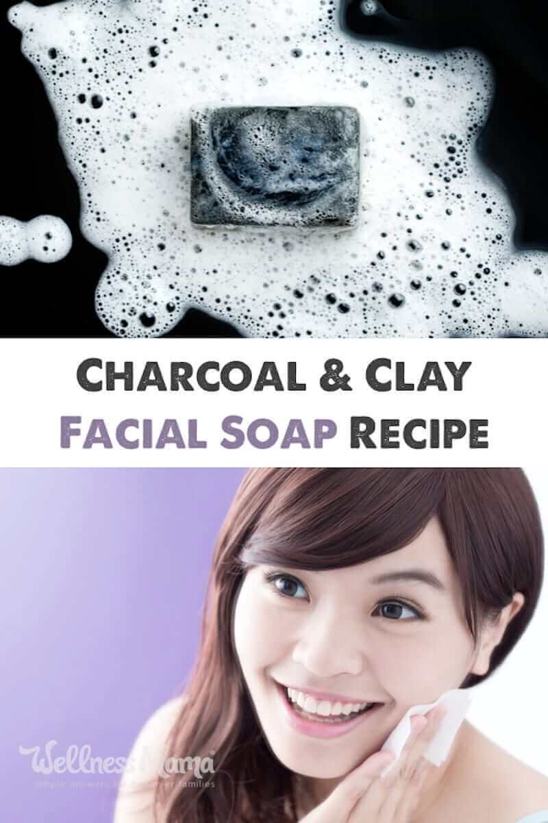 This facial soap recipe uses activated charcoal and bentonite clay with a base of coconut oil, olive oil, castor oil and essential oils.