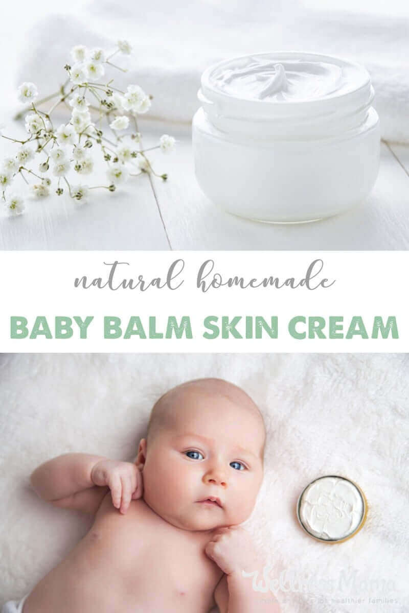 This natural homemade baby balm combines skin nourishing cocoa butter, shea butter, olive oil and castor oil with essential oils for a baby safe lotion.