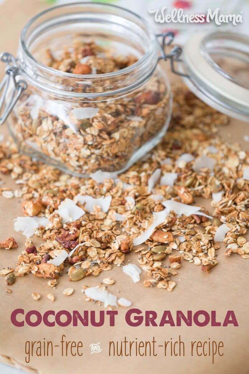 This coconut granola is made with coconut chips, nuts, and optional dried fruit coated in a coconut oil and honey glaze.