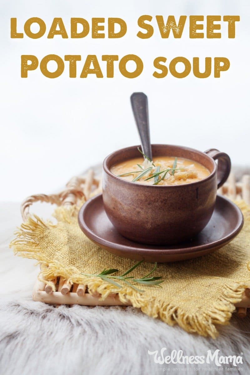 This healthy and grain free sweet potato soup recipe is hearty and nutritious with sweet potato, winter squash, onions, broth and meat.