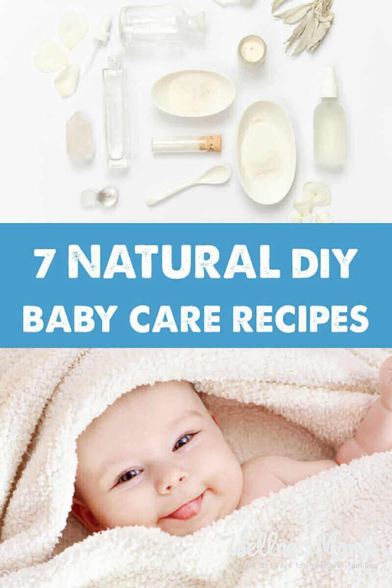 These are natural baby care recipes including diaper cream (cloth diaper safe), baby oil, baby powder, soap, lotion, and wipes with calendula and chamomile.